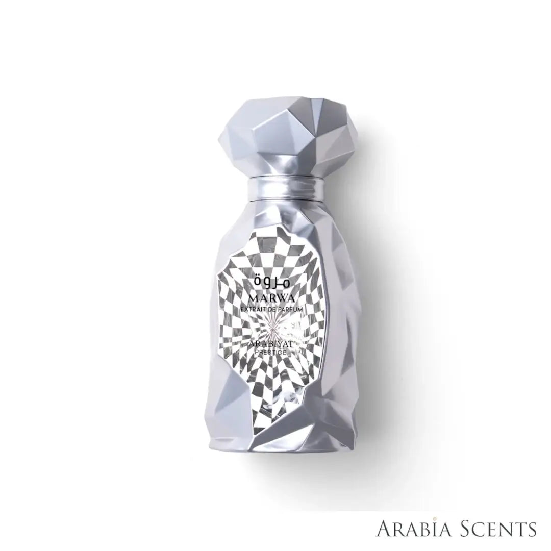 'Marwa' perfume bottle on a white background with 'Arabiyat Prestige' branding featured by 'Arabiascents'