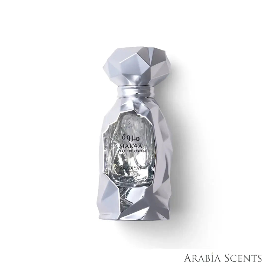 'Marwa' perfume bottle on a white background with 'Arabiyat Prestige' branding featured by 'Arabiascents'