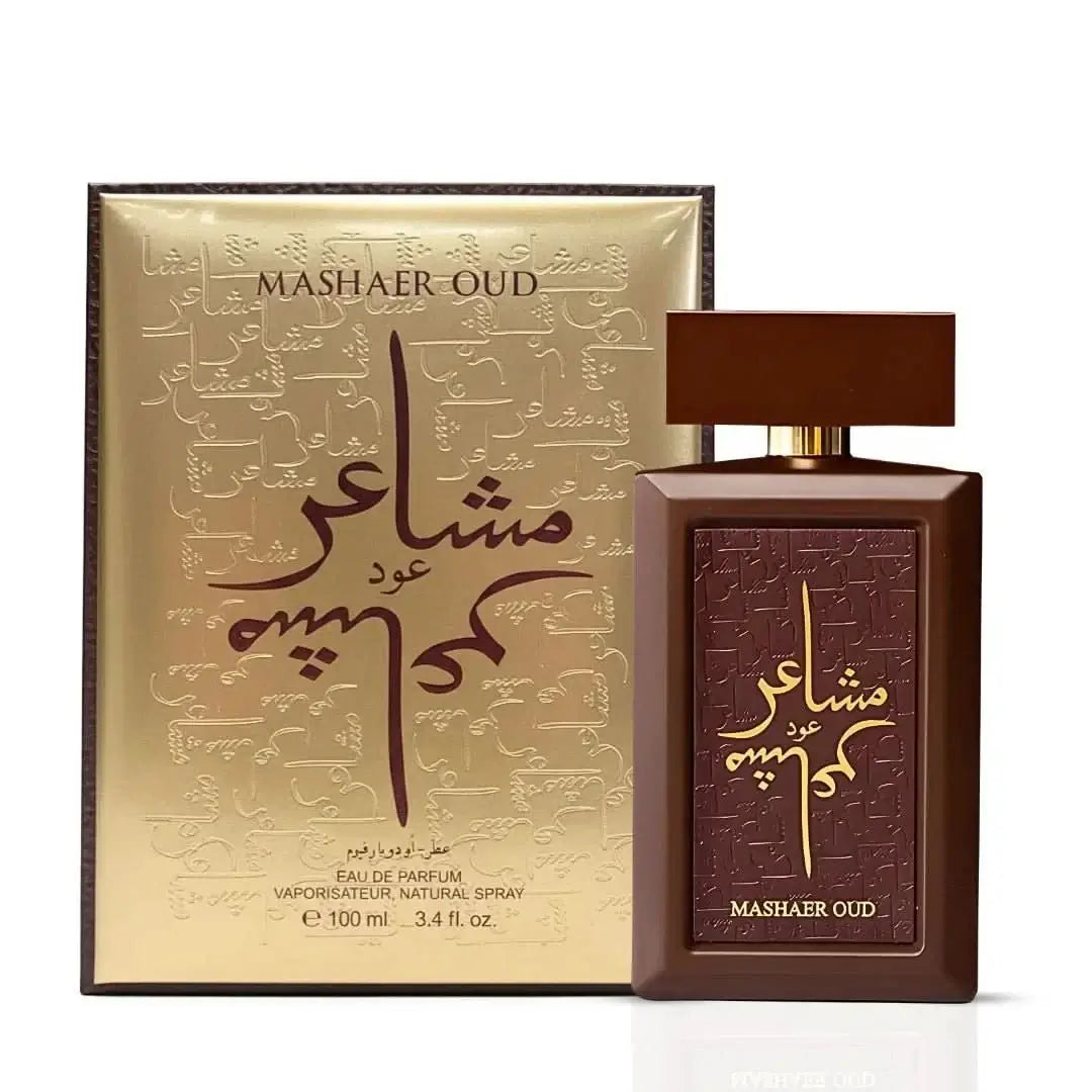 Mashaer Oud perfume bottle and packaging on a white background by Oud Elite