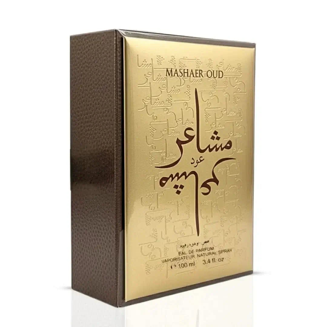 Gold and brown packaging of Mashaer Oud perfume on a white background by Oud Elite