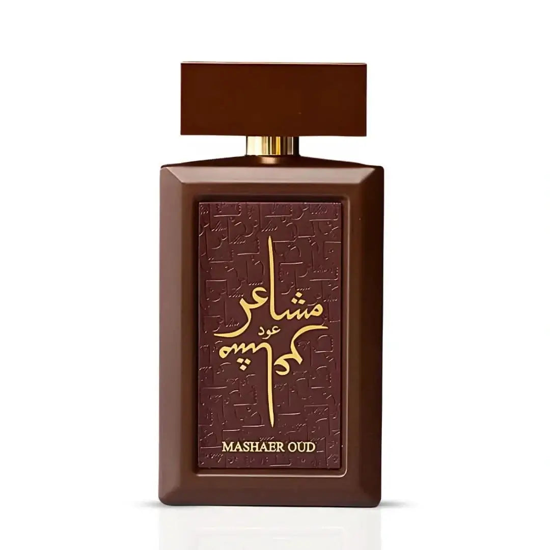 'Mashaer Oud' Brown perfume bottle with gold text on a white background by Oud Elite