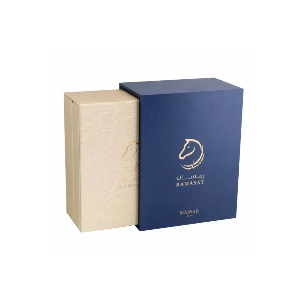 'Massar' perfume packaging in a white background with 'Ramasat' branding