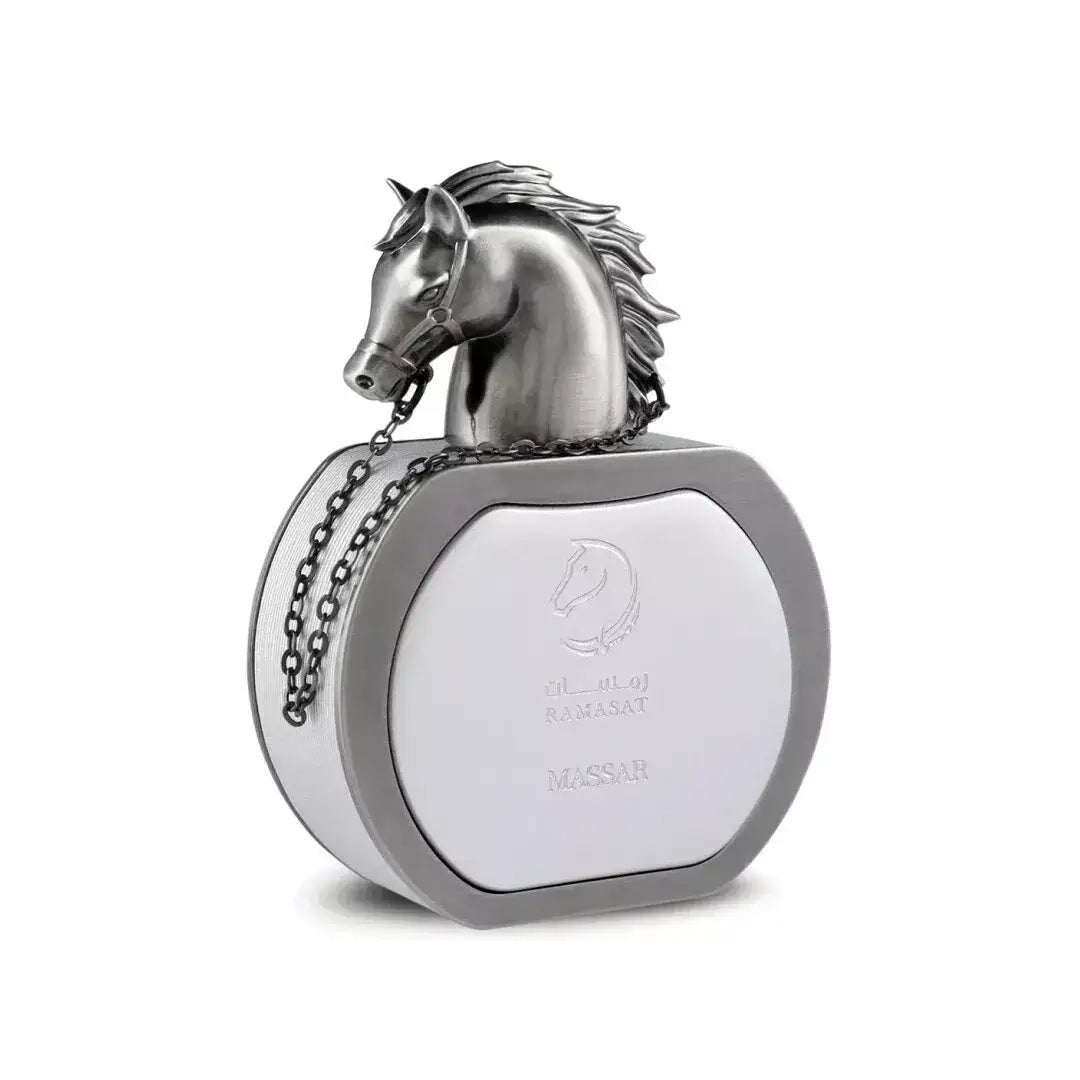 'Massar' perfume bottle in a white background with 'Ramasat' branding
