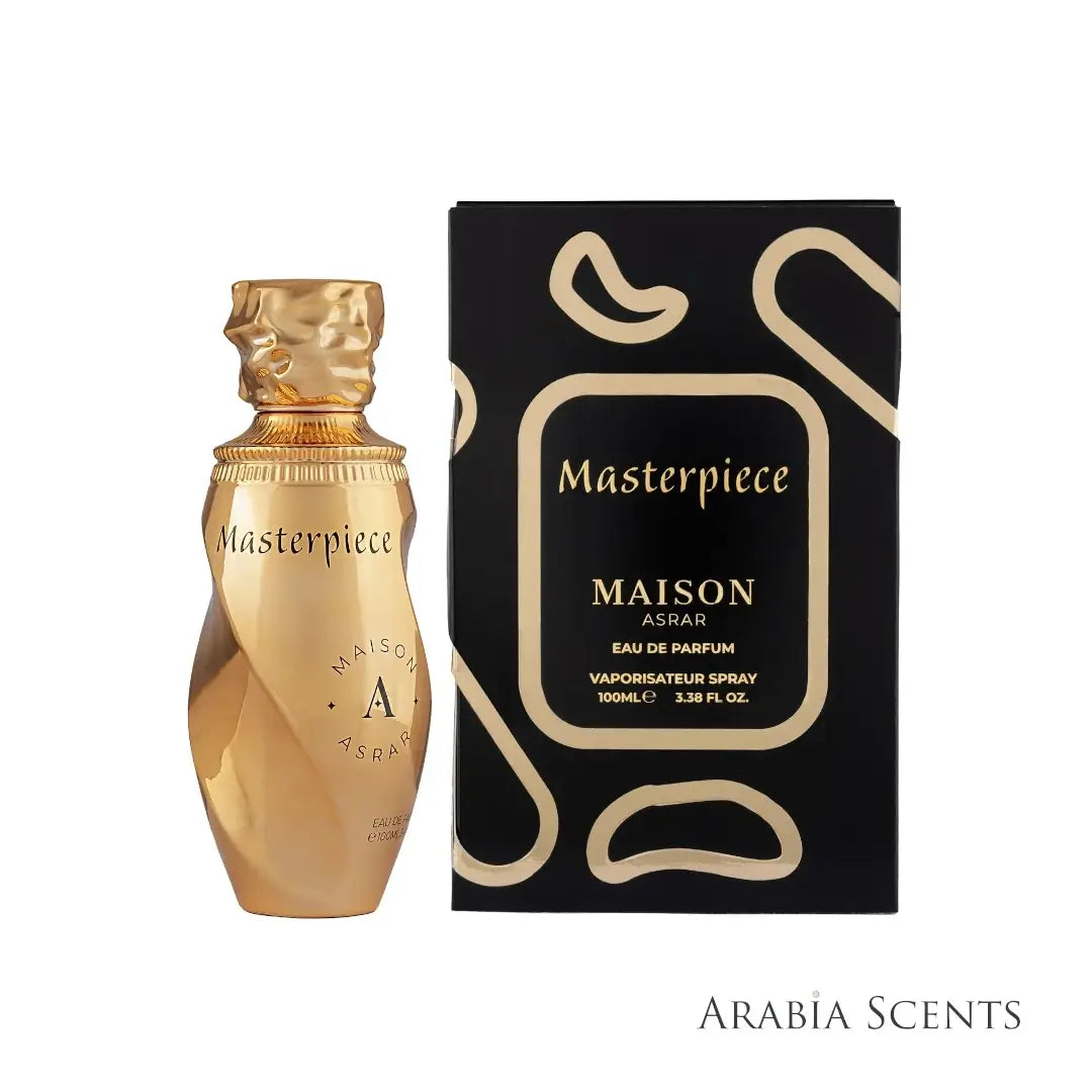 'Masterpiece' Gold perfume bottle and packaging with Maison Asrar branding on a white background featured by ArabiaScents
