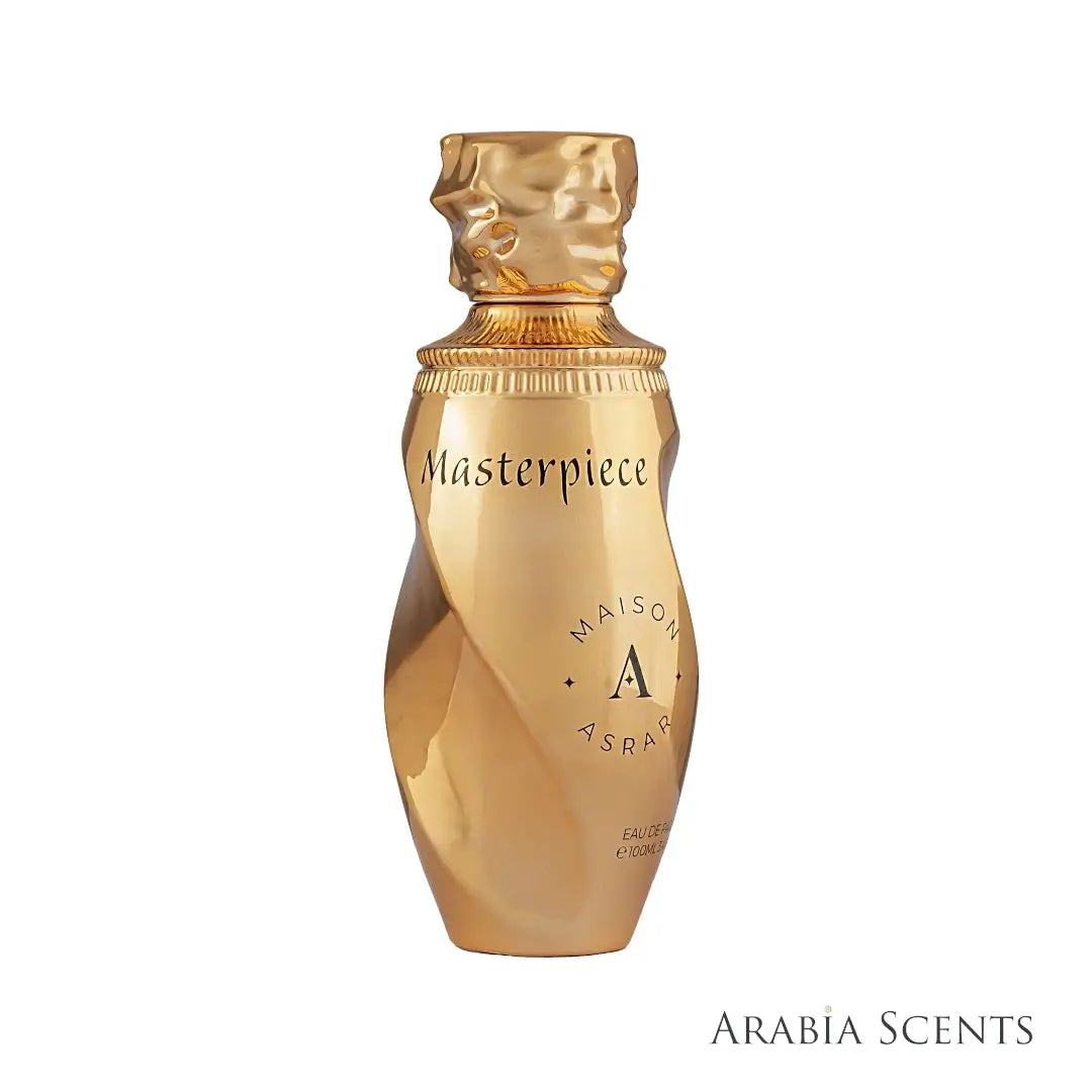 Gold perfume bottle with 'Masterpiece' and 'Maison Asrar' text on a white background, featured by 'Arabia Scents'.