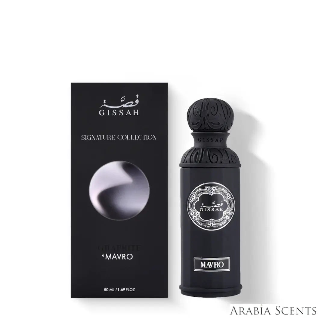 'Mavro' perfume bottle & packaging on a white background with 'Gissah' branding featured by 'Arabiascents'