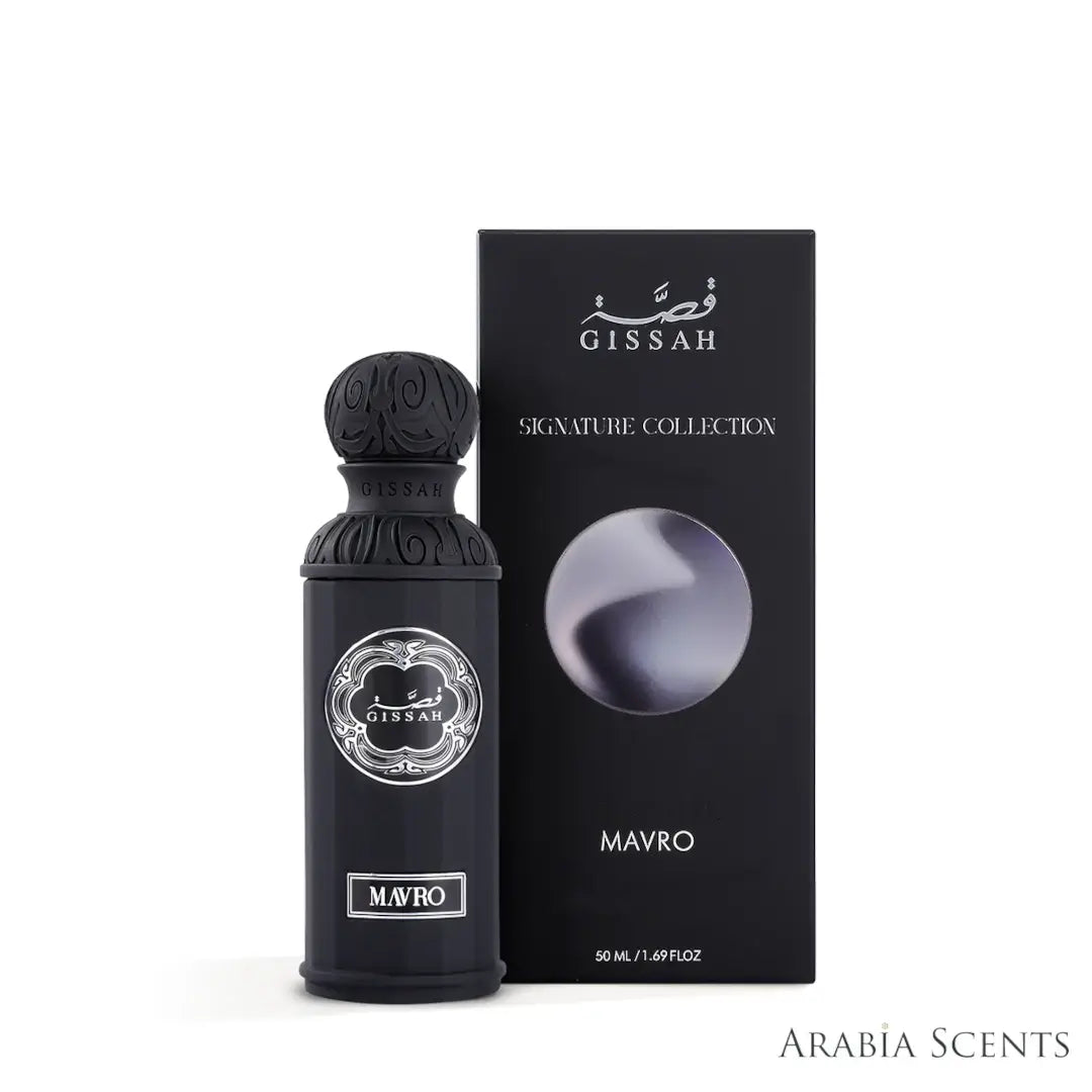 'Mavro' perfume bottle & packaging on a white background with 'Gissah' branding featured by 'Arabiascents'