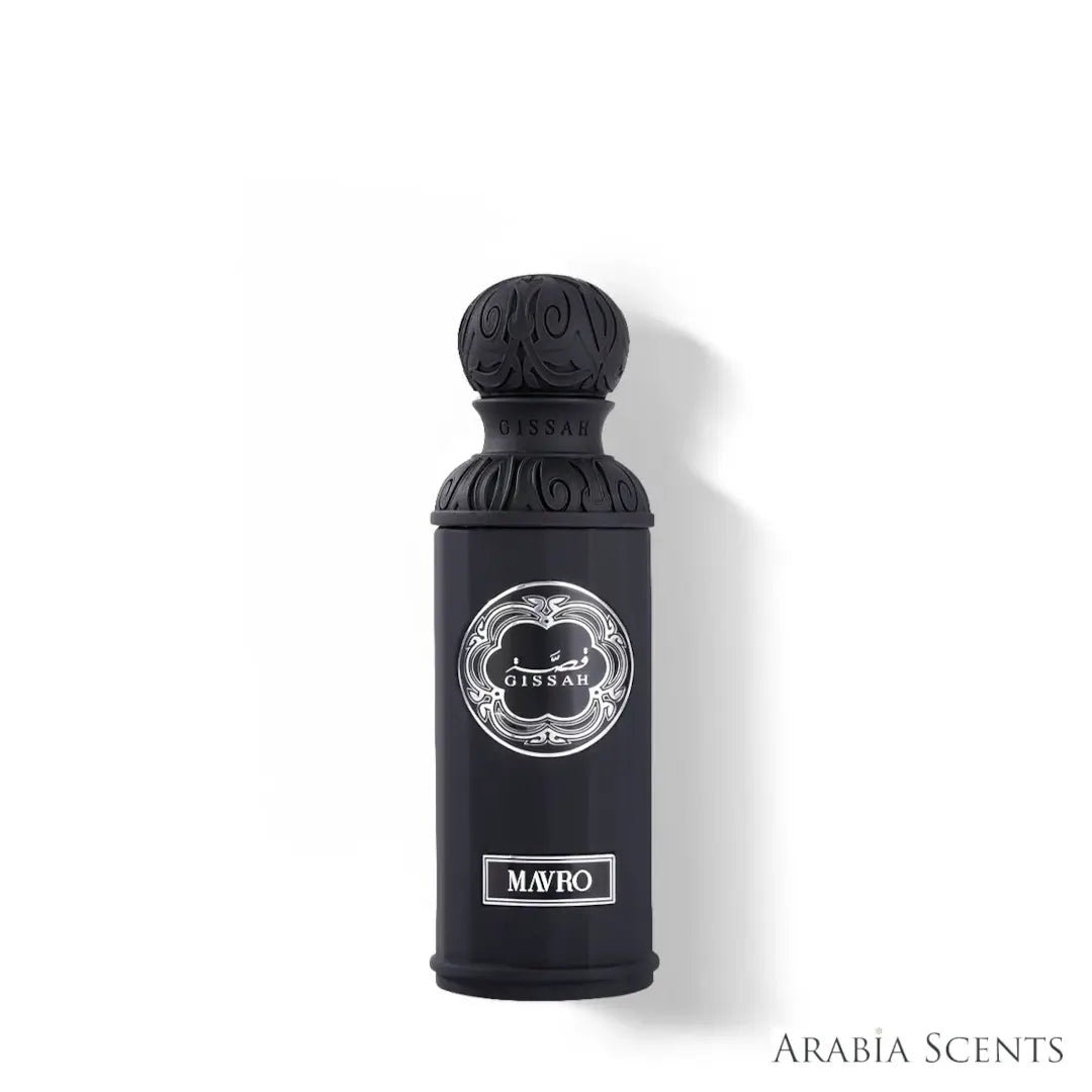 'Mavro' perfume bottle on a white background with 'Gissah' branding featured by 'Arabiascents'