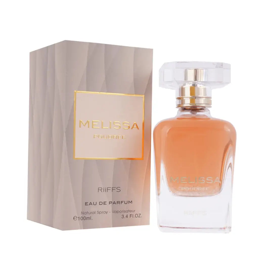 'Melissa Poudree' bottle perfume and packaging in a white background with 'Riiffs' branding