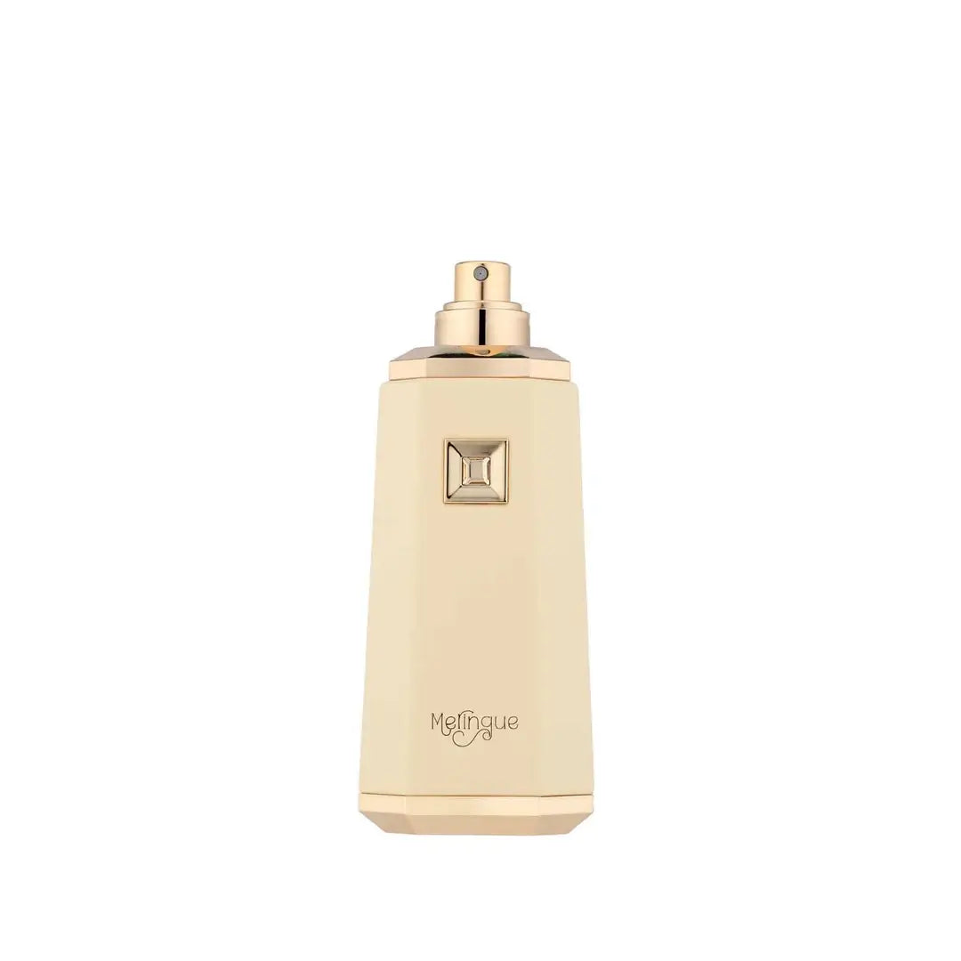 Beige Meringue perfume bottle with gold cap on a white background with French Avenue branding