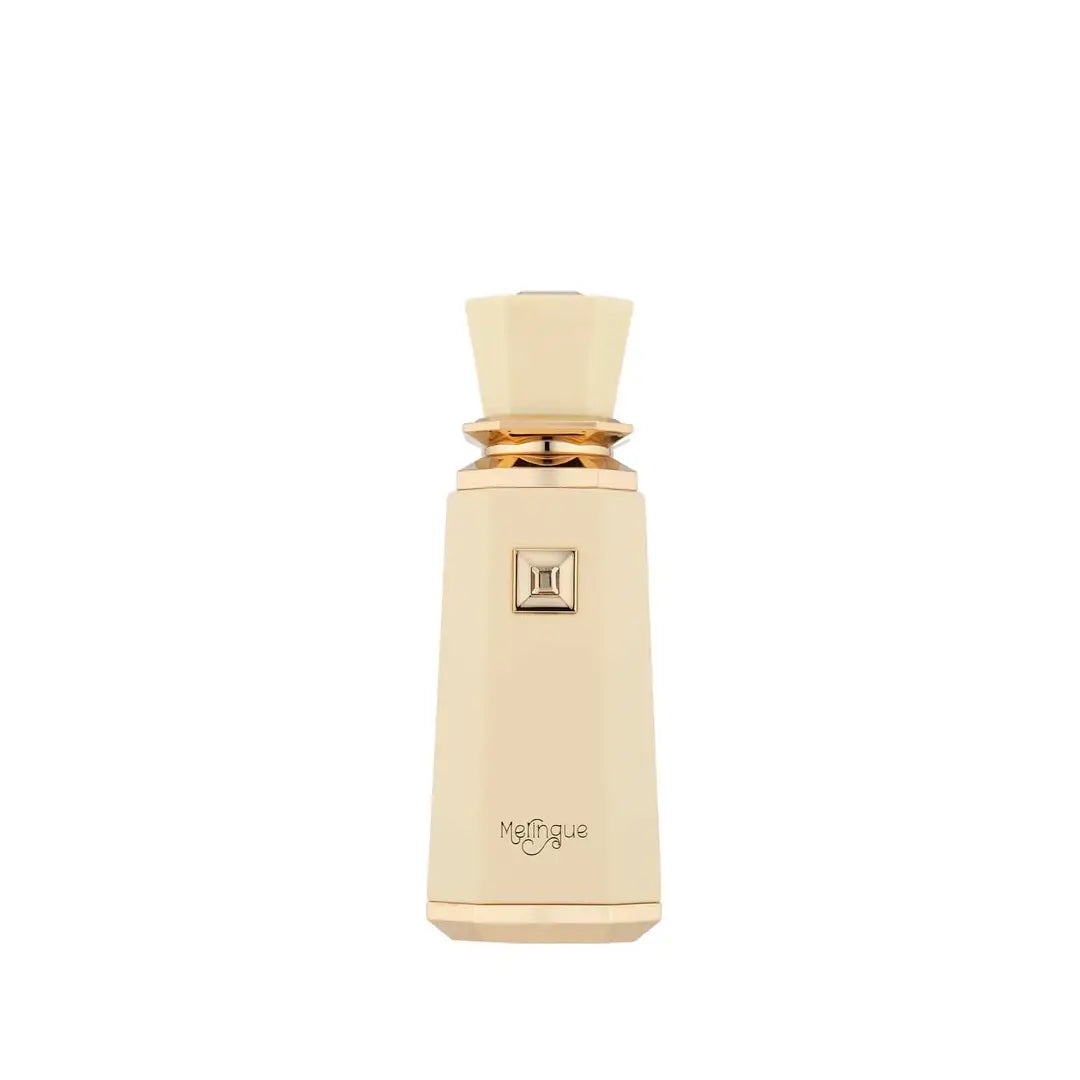 Beige Meringue perfume bottle with gold cap on a white background with French Avenue branding