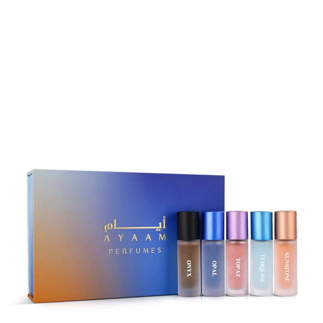 Set of Ayaam Micro Musks with a gradient blue and orange box on a white background