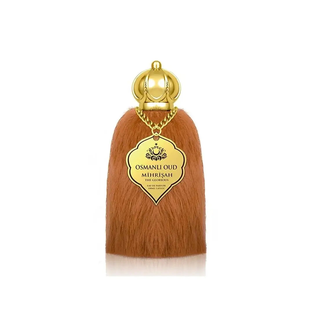 'Mihrisah' Perfume bottle with gold cap and label on a white background with Osmanli Oud branding