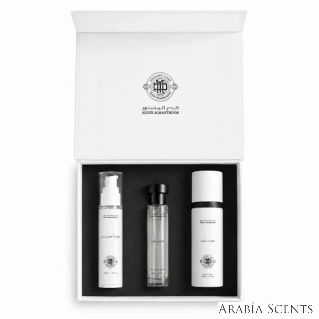 'Mini Sarandeeb' set & packaging on a white background with 'Aldur Almanthoor' branding featured by 'Arabiascents'