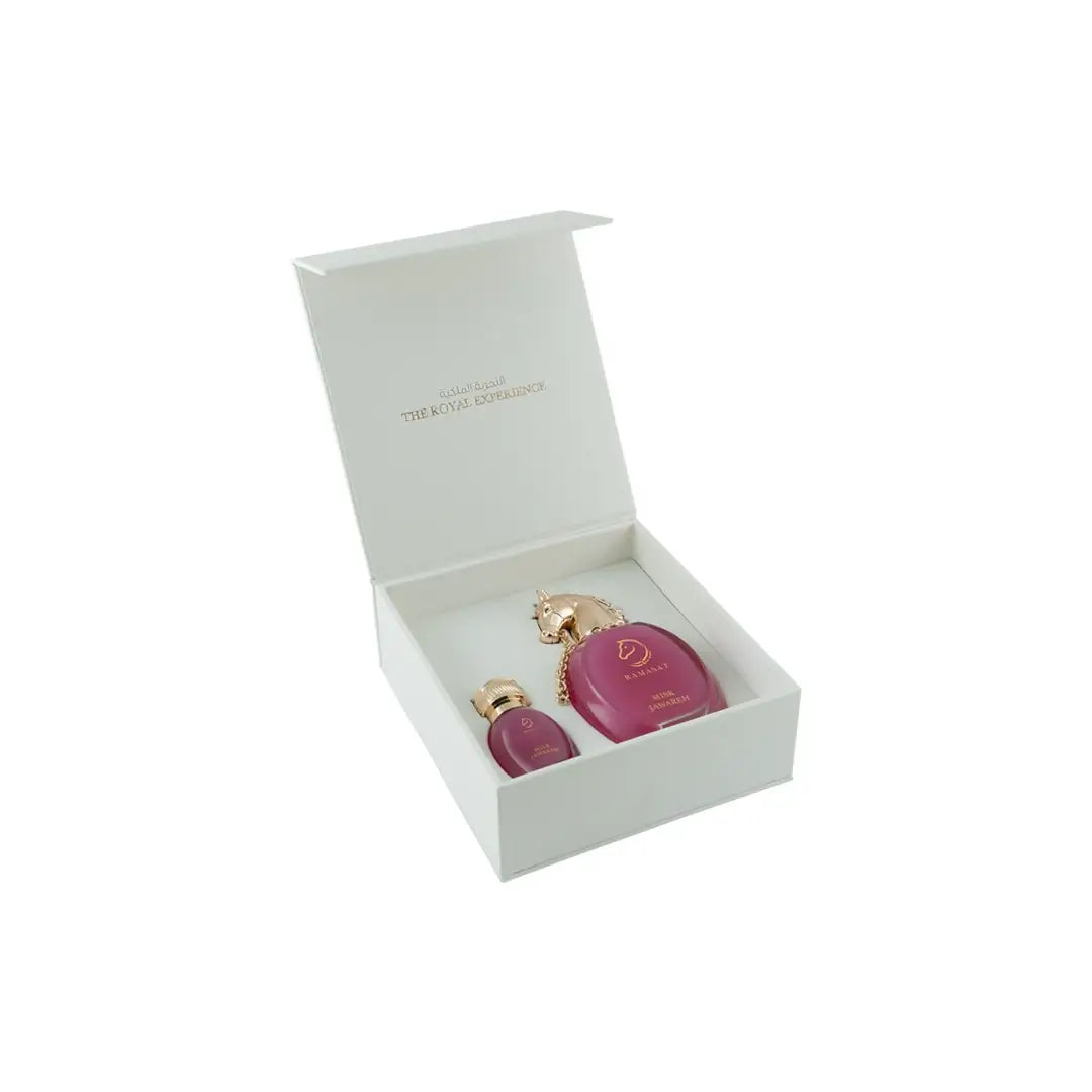 'Misk Jawareh' perfume bottle with gold horse cap design & packaging on a white background with 'Ramasat' branding