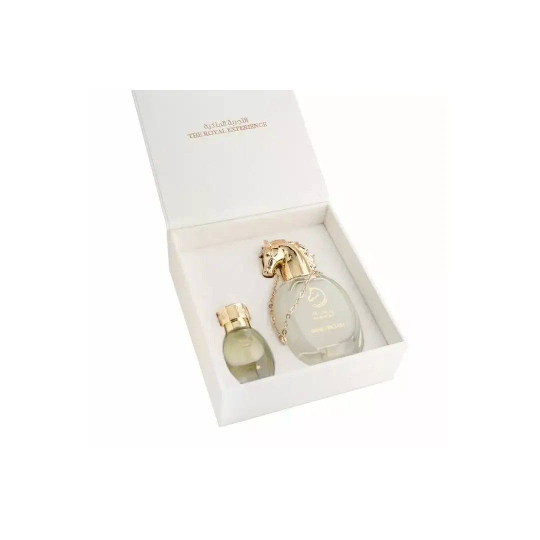 'Misk Orchid' perfume bottle with gold horse-shaped cap & packaging on a white background with 'Ramasat' branding