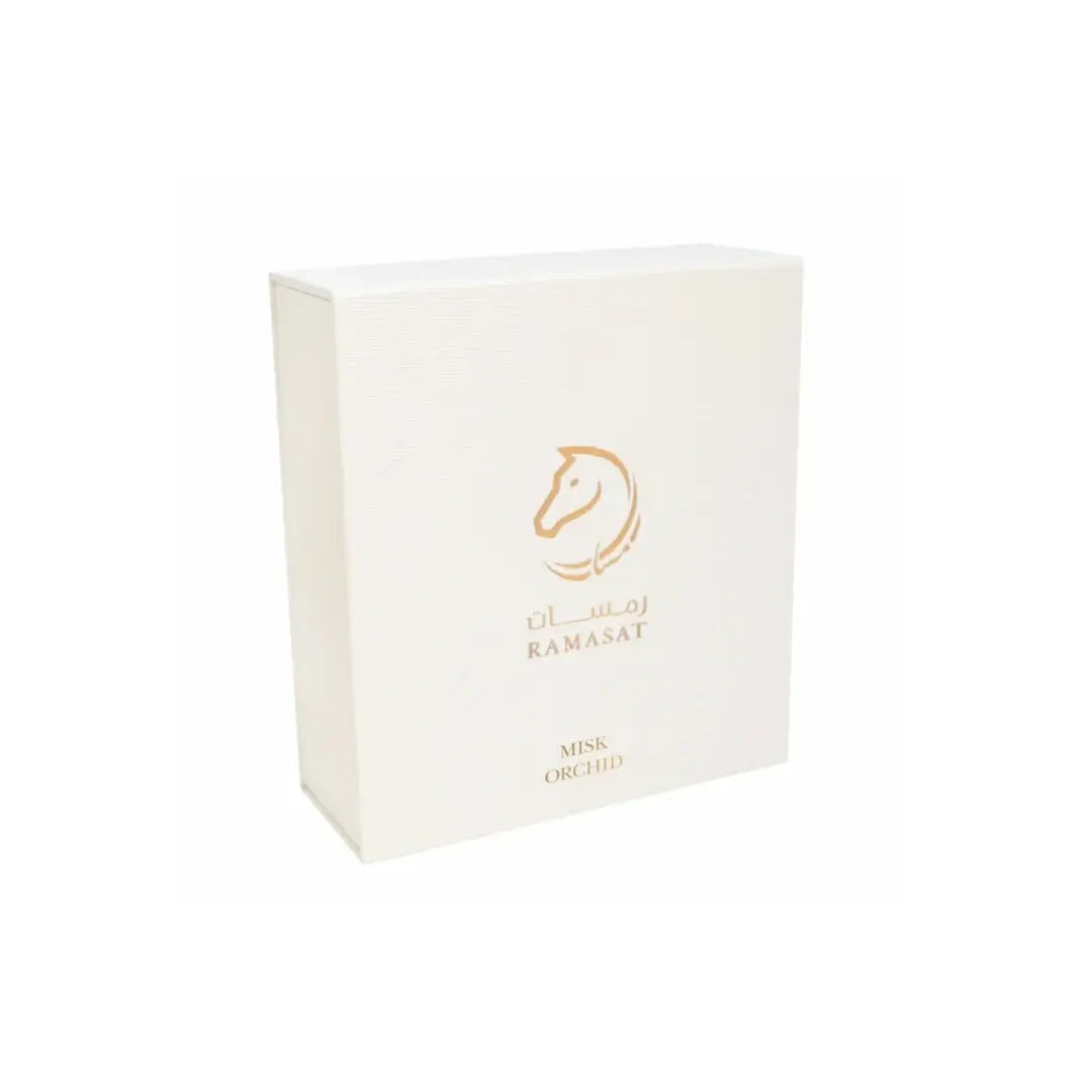 'Misk Orchid' perfume packaging on a white background with 'Ramasat' branding