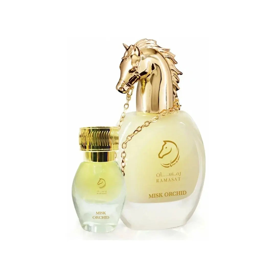 'Misk Orchid' perfume bottle with gold horse-shaped cap on a white background with 'Ramasat' branding