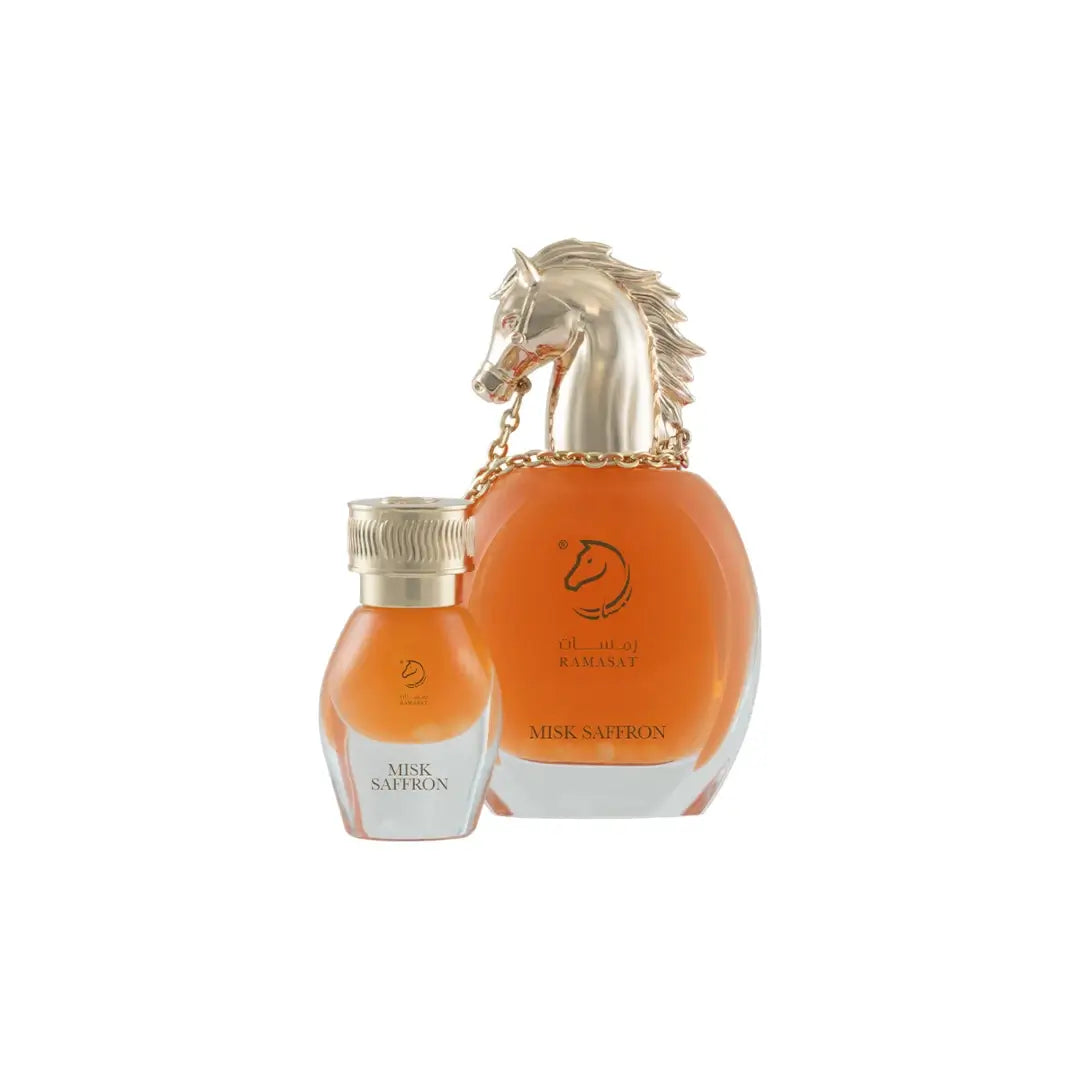 'Misk Saffron' perfume bottle with horse-shaped cap on a white background with 'Ramasat' branding