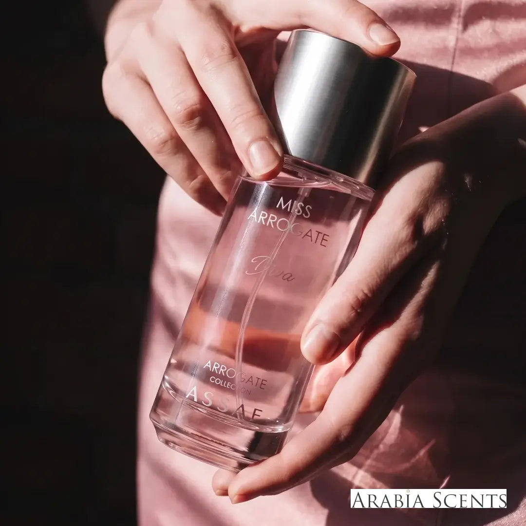 'Miss Arrogate Diva' perfume bottle with 'Assaf' branding featured by 'Arabiascents'