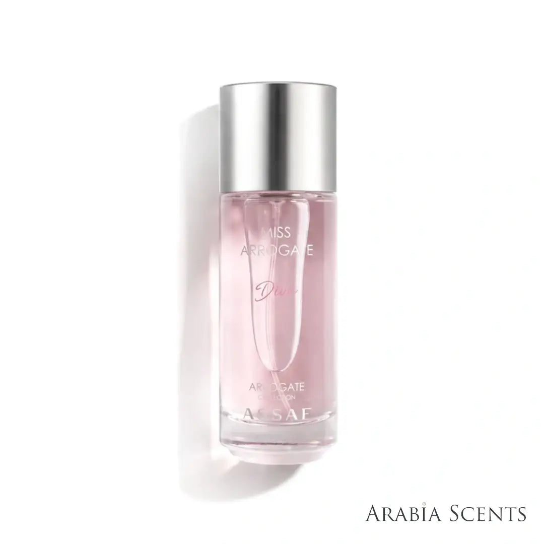 'Miss Arrogate Diva' perfume bottle on a white background with 'Assaf' branding featured by 'Arabiascents'