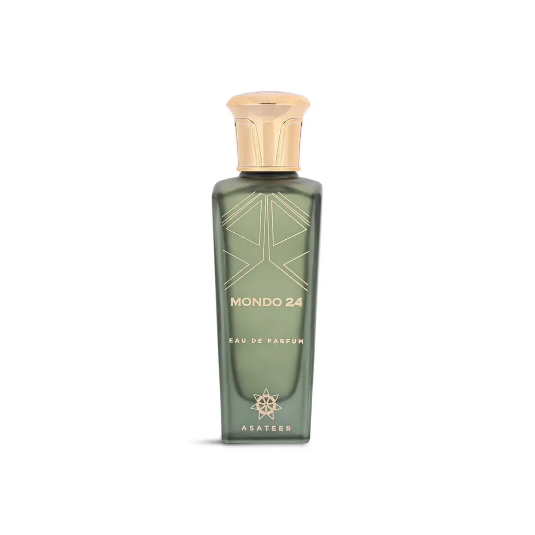 'Mondo 24' Green perfume bottle with gold cap on a white background with 'Asateer' branding
