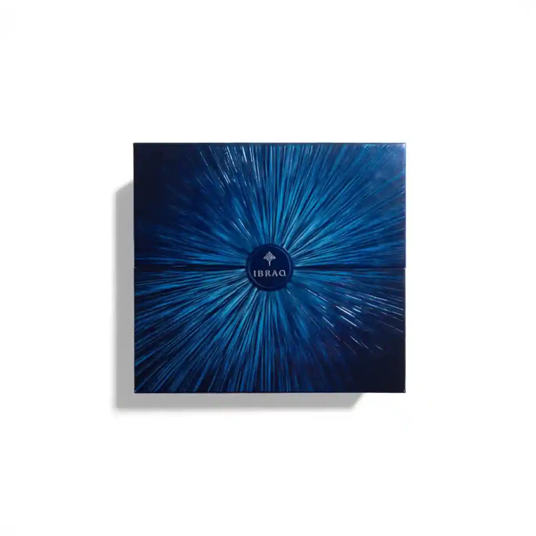 'Moon Collection' Blue decorative box with starburst pattern and 'Ibraq' logo on a white background