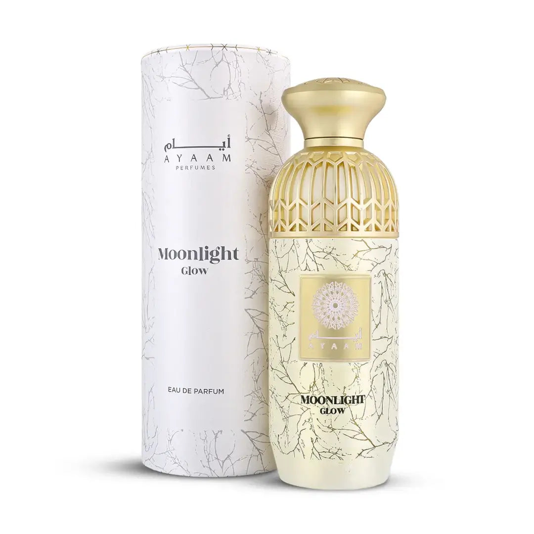 'Moonlight Glow' Perfume bottle and packaging with 'Ayaam' branding on a white background