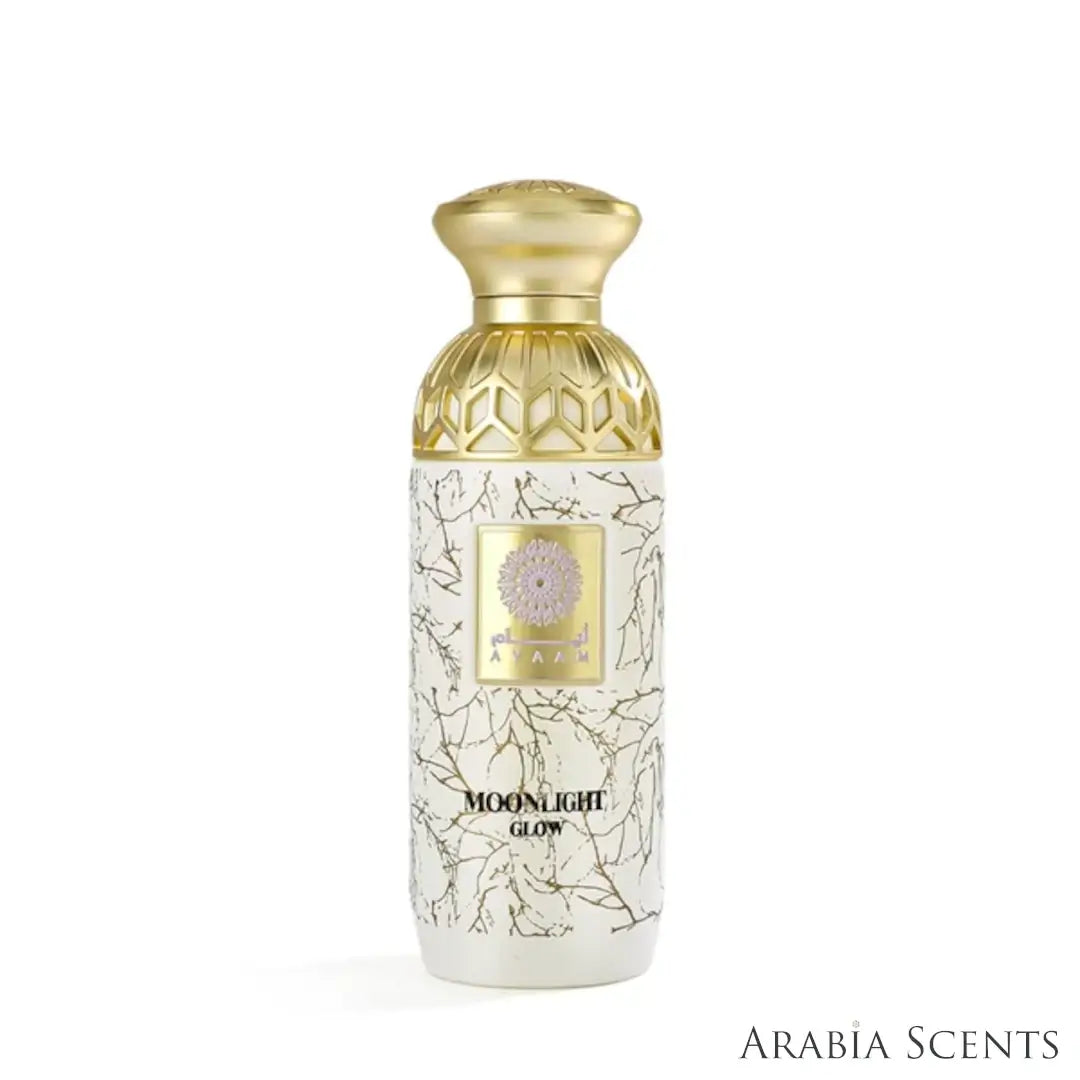 'Moonlight Glow' perfume bottle on a white background with 'Ayaam' branding featured by 'Arabiascents'