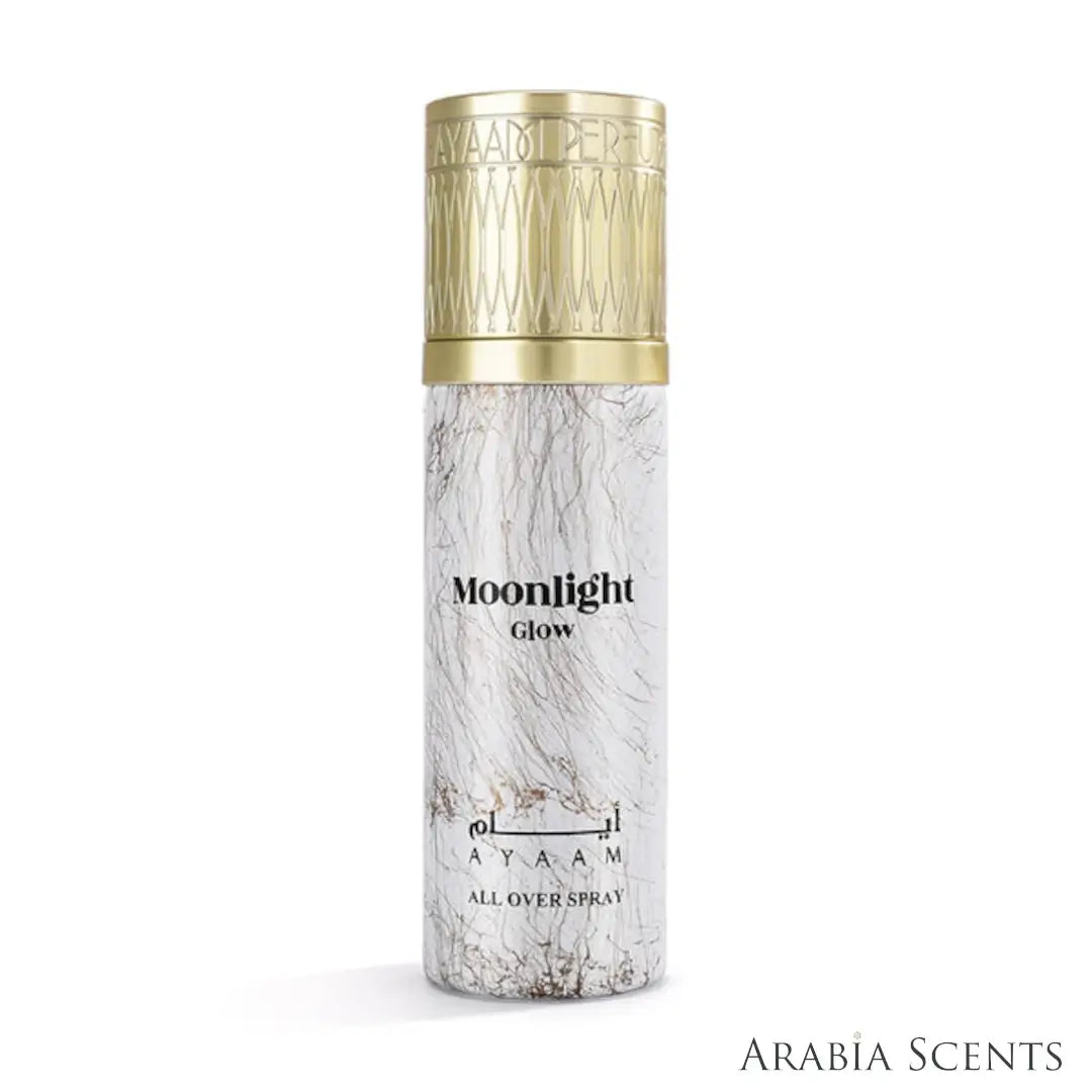 'Moonlight Glow' All Over Spray bottle on a white background with 'Ayaam' branding featured by 'Arabiascents'
