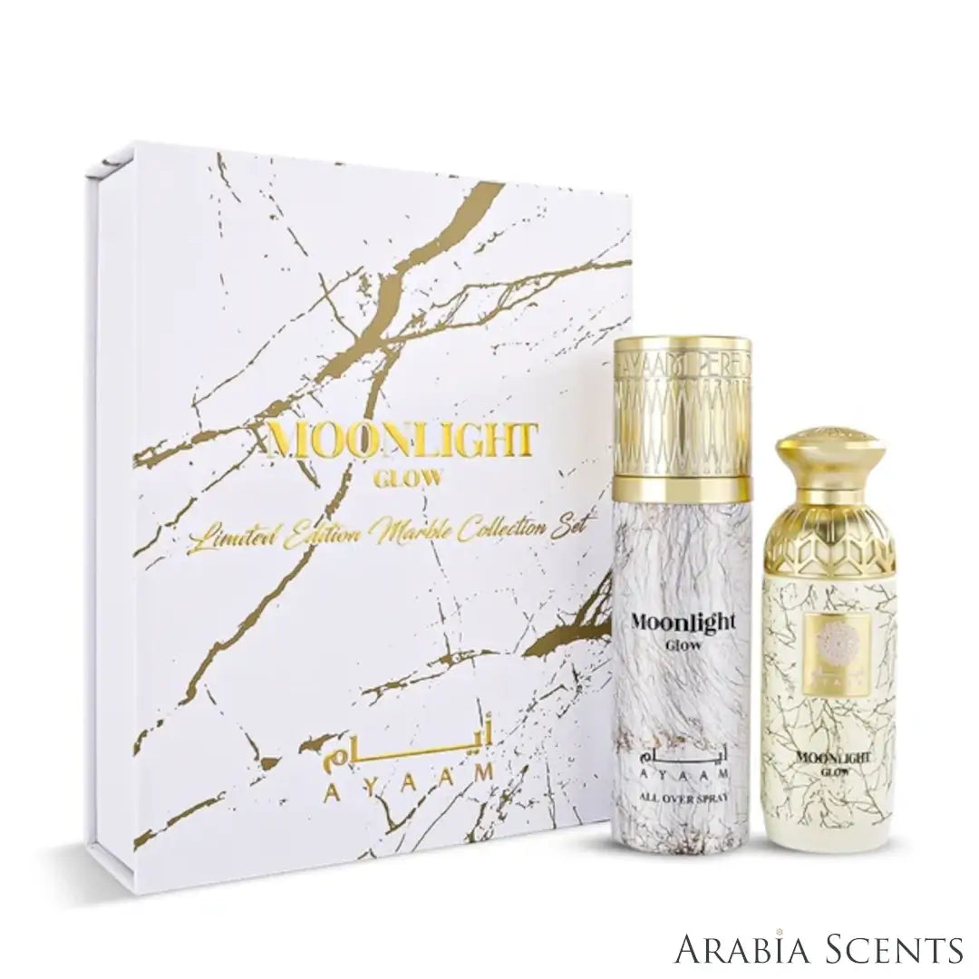'Moonlight Glow' set & packaging on a white background with 'Ayaam' branding featured by 'Arabiascents'