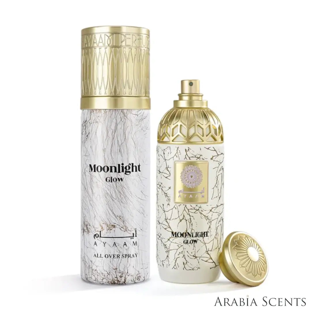 'Moonlight Glow' set on a white background with 'Ayaam' branding featured by 'Arabiascents'
