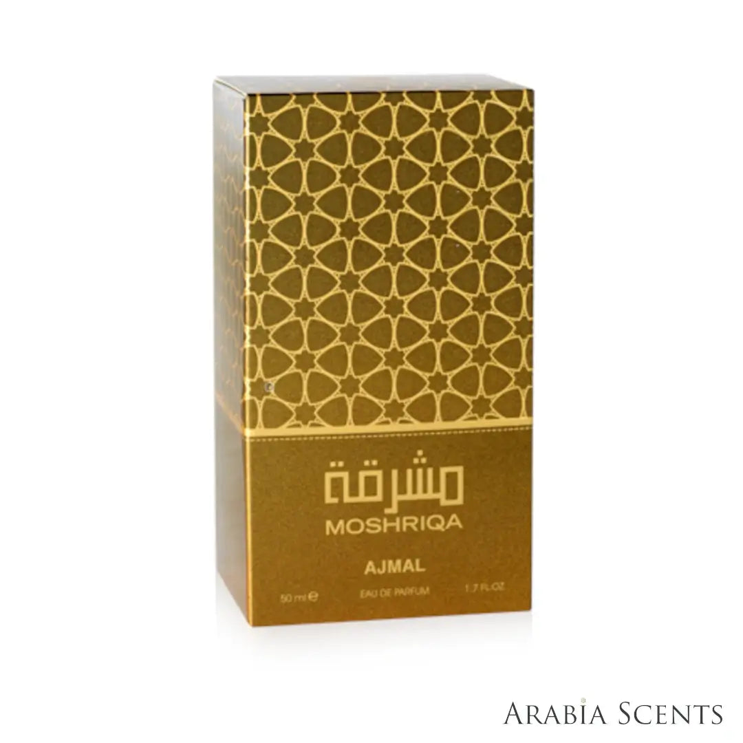 'Moshriqa' perfume packaging on a white background with 'Ajmal' branding featured by 'Arabiascents'
