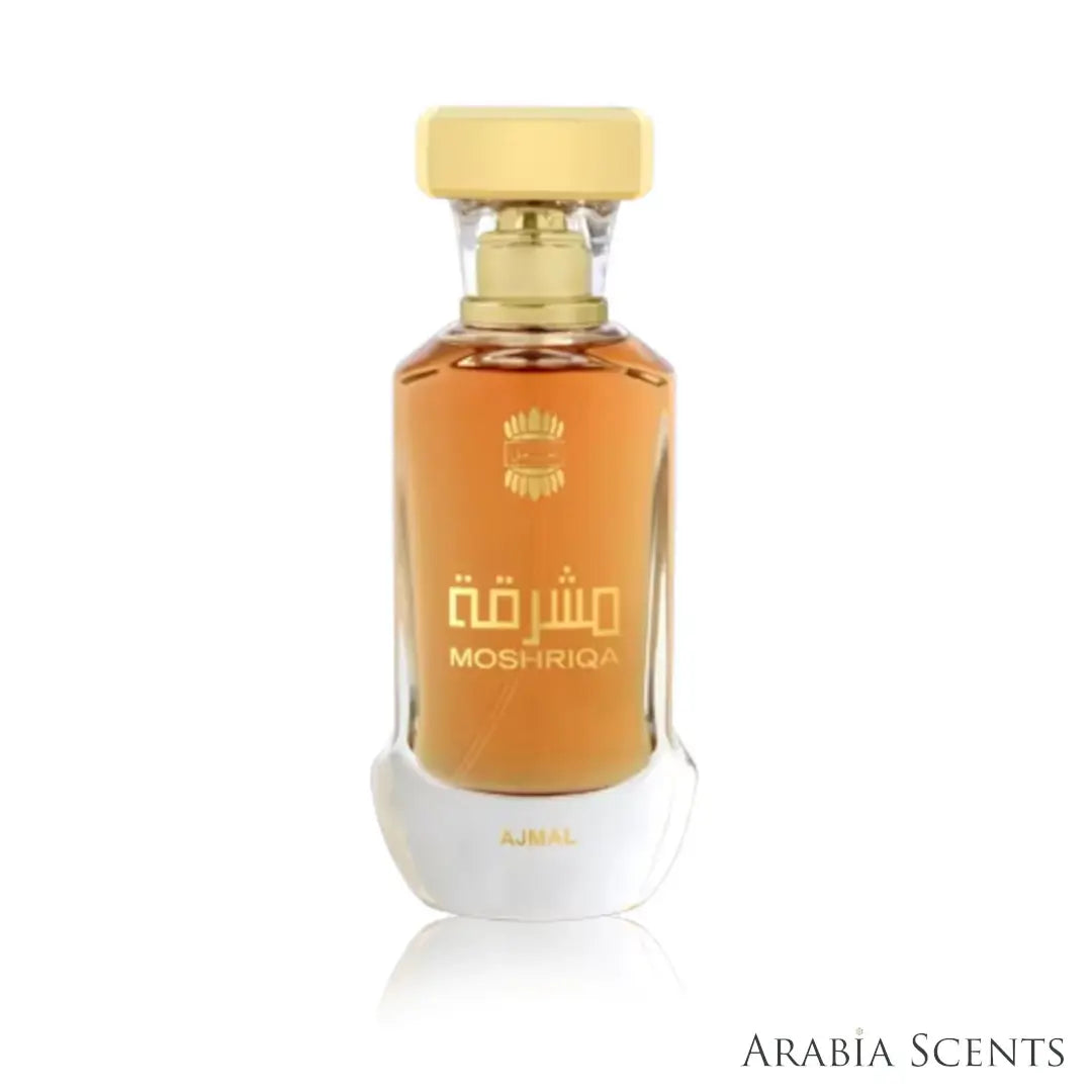 'Moshriqa' perfume bottle on a white background with 'Ajmal' branding featured by 'Arabiascents'