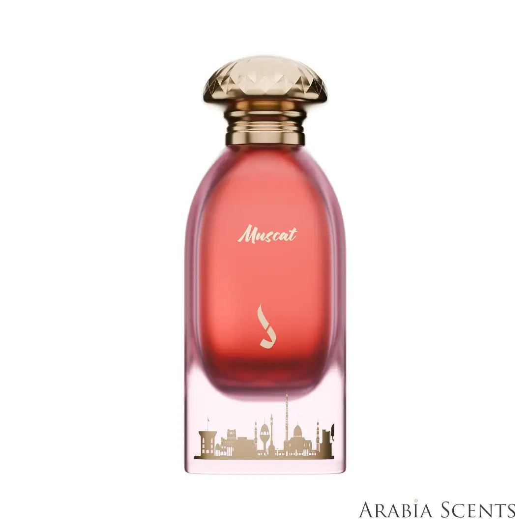 'Muscat' perfume bottle on a white background with 'Dkhoon Emirates' branding featured by 'Arabiascents'