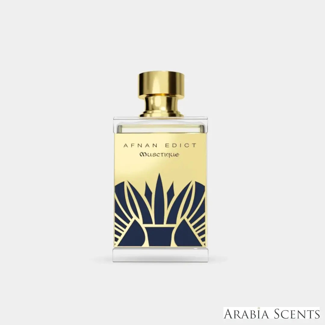 'Musctique Afnan Edict' perfume bottle on a white background with 'Afnan' branding featured by 'Arabiascents'