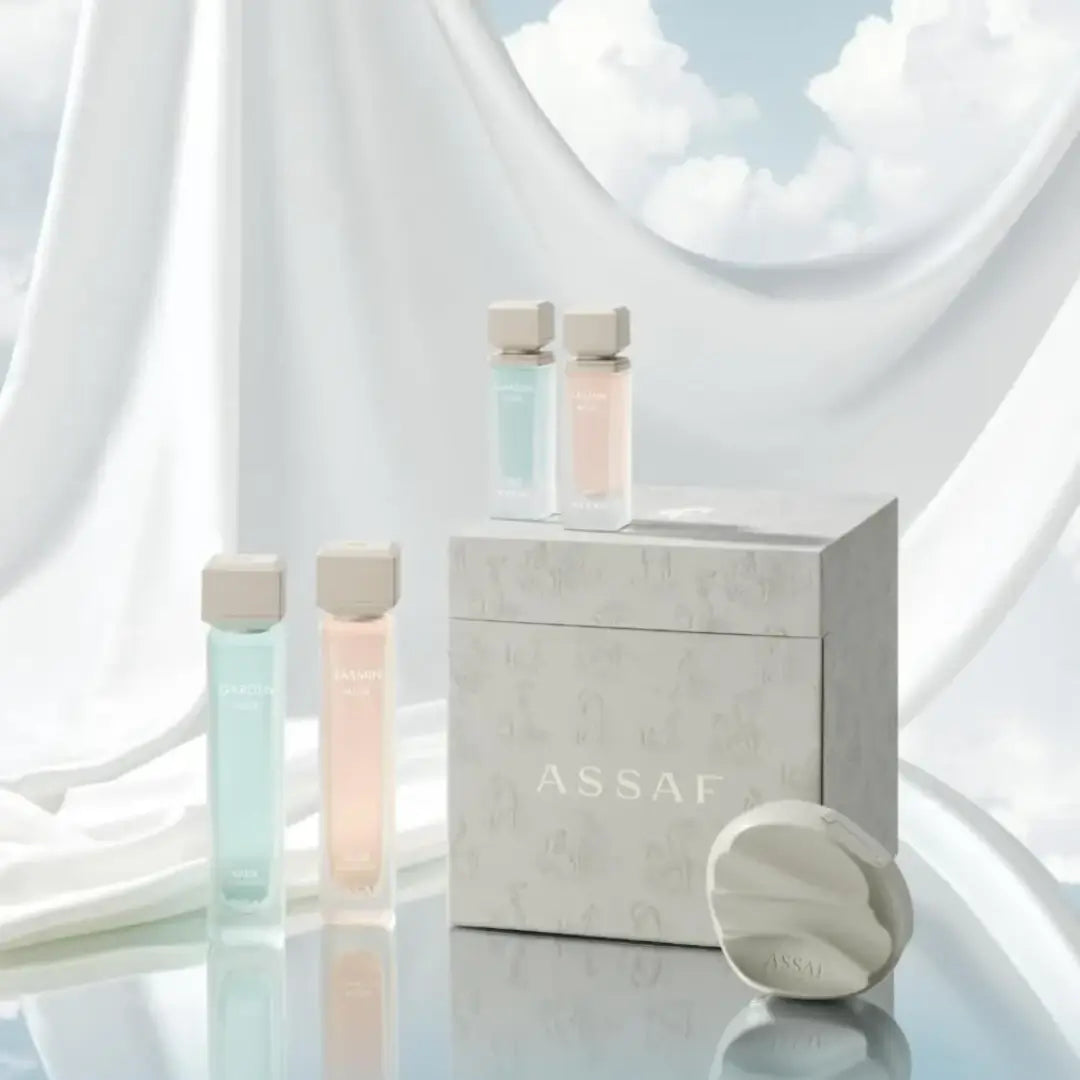 Assaf 'Musk Collection' products including bottles and body powder box on a light background