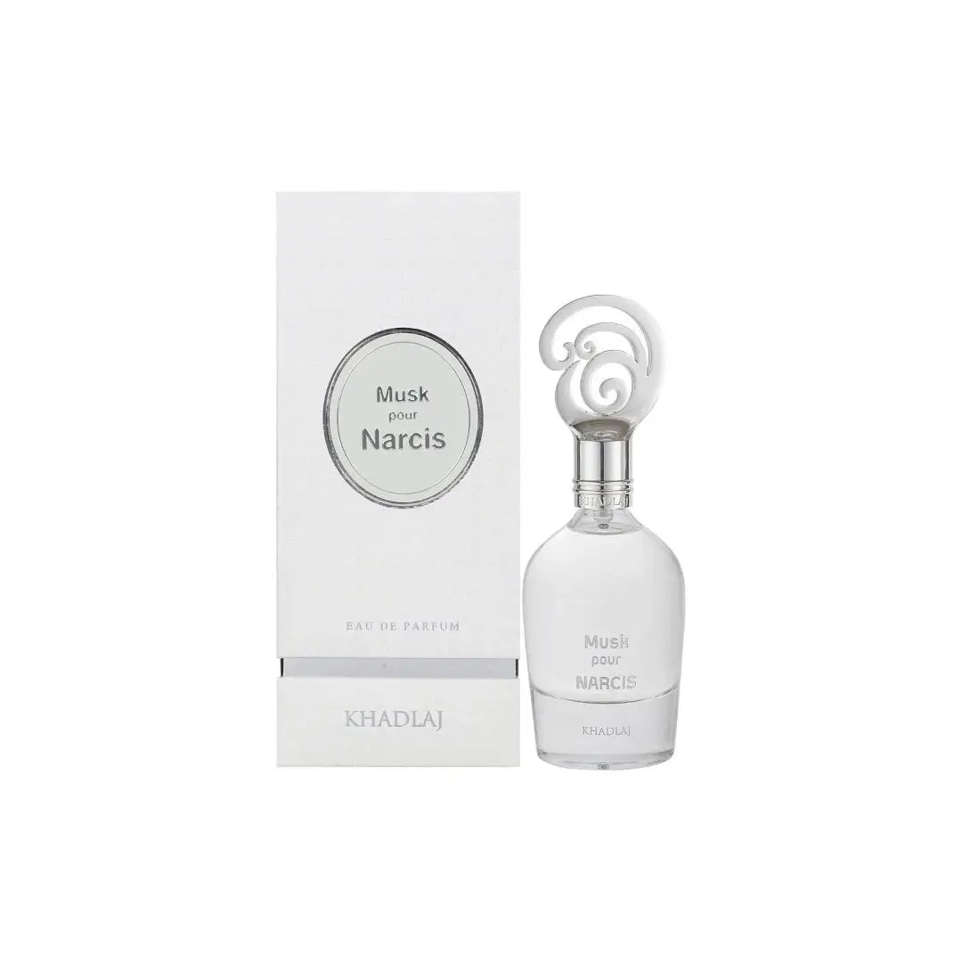 'Musk Pour Narcis' perfume bottle with packaging in a white background with 'Khadlaj' branding