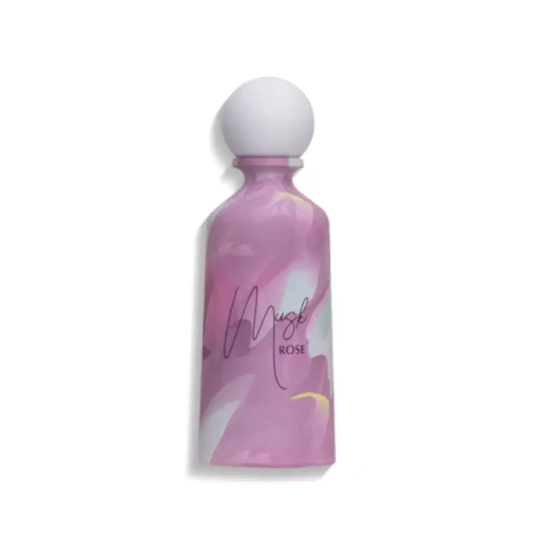 'Musk Rose' perfume bottle on a white background with 'Junaid' branding