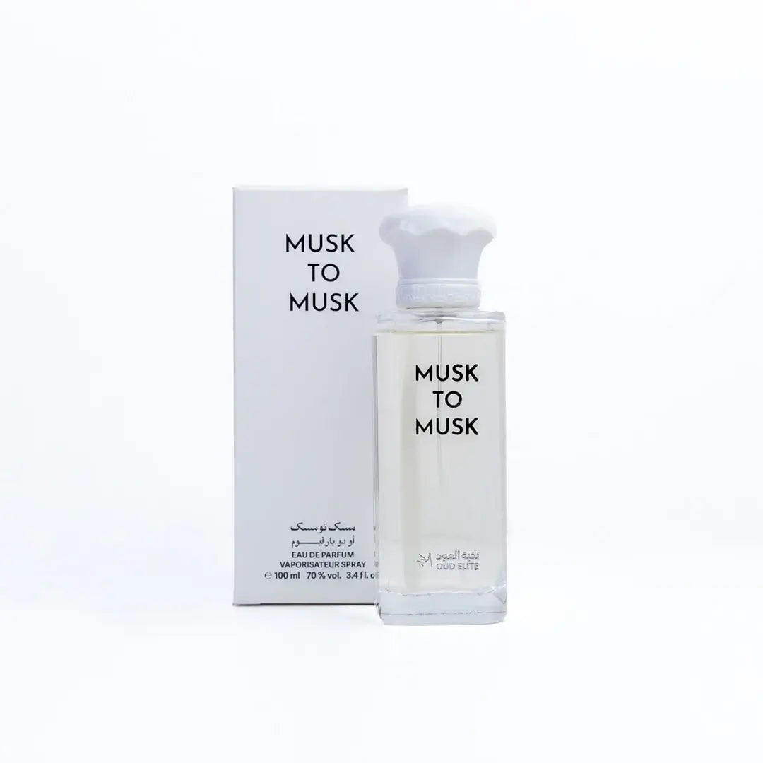 'Musk To Musk' perfume bottle & packaging on a white background with 'Oud Elite' branding