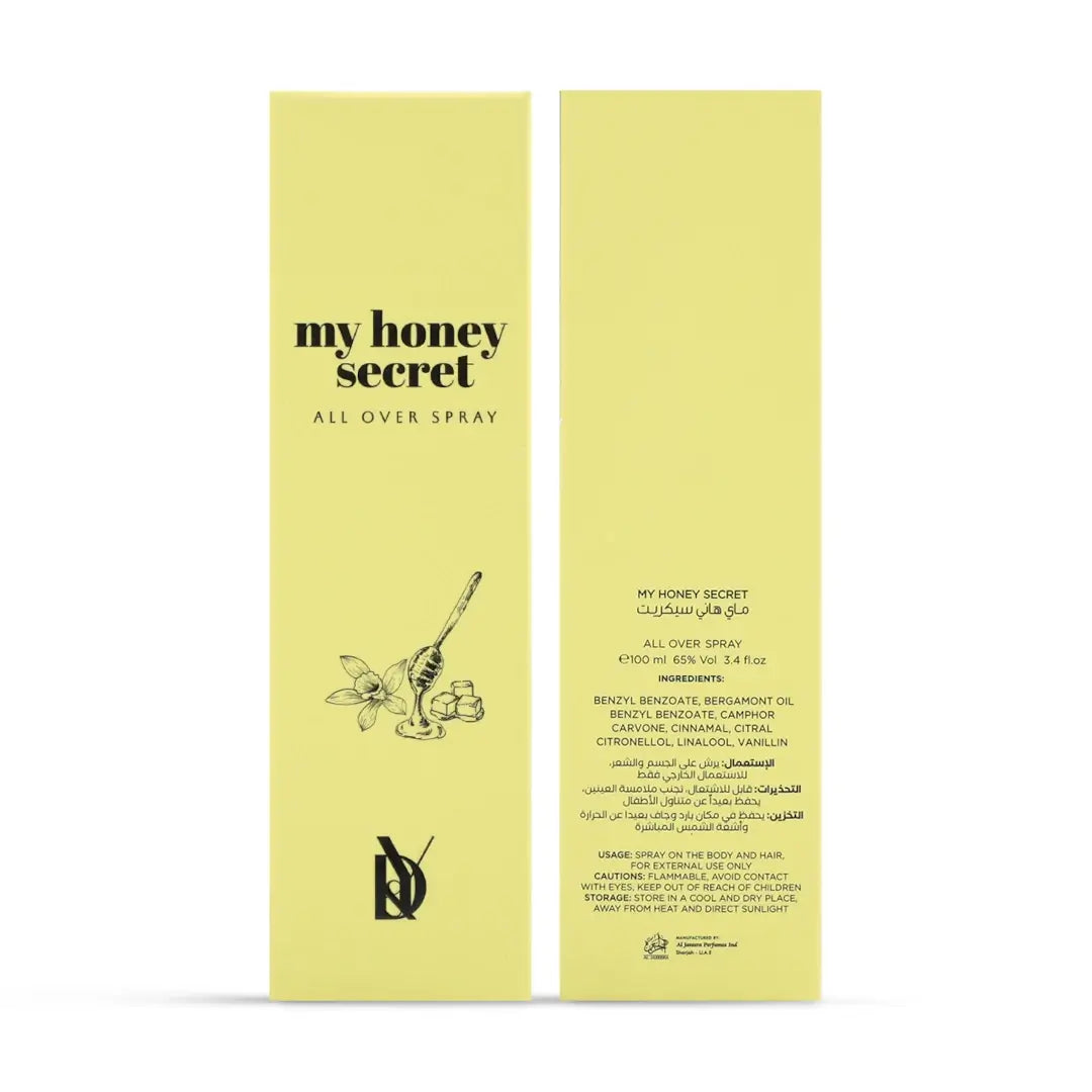 'My Honey Secret' all over spray packaging in a white background with 'Dalaly' branding 