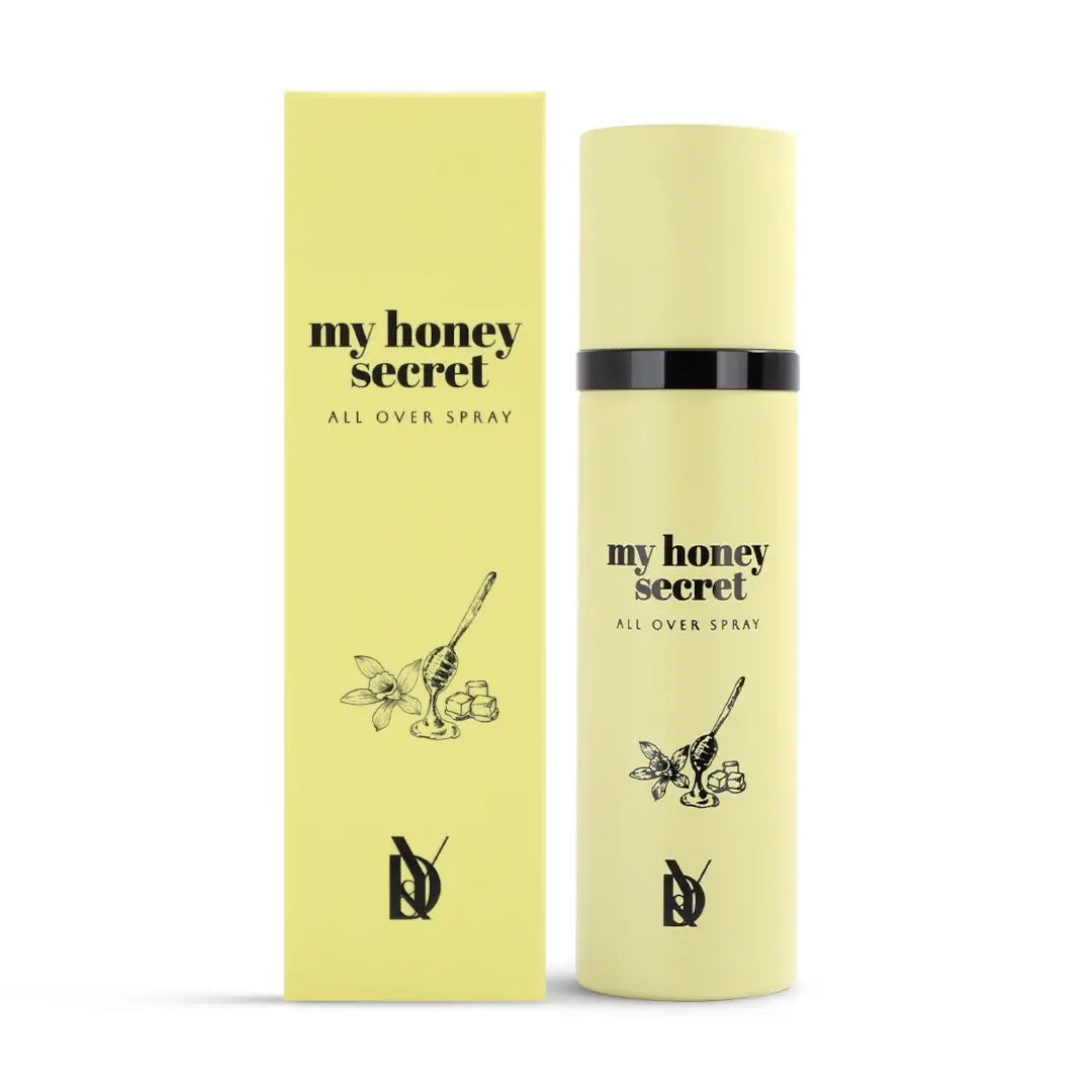 'My Honey Secret' all over spray bottle & packaging in a white background with 'Dalaly' branding 