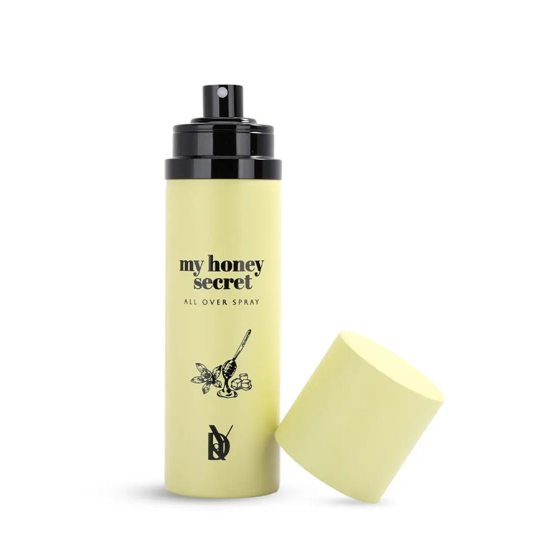 'My Honey Secret' all over spray bottle in a white background with 'Dalaly' branding 