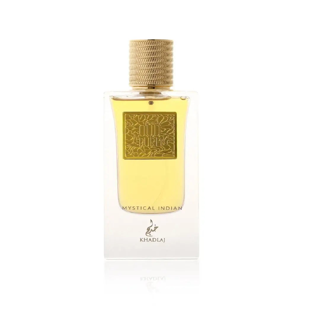 'Mystical Indian Oud Pure' perfume bottle in a white background with 'Khadlaj' branding