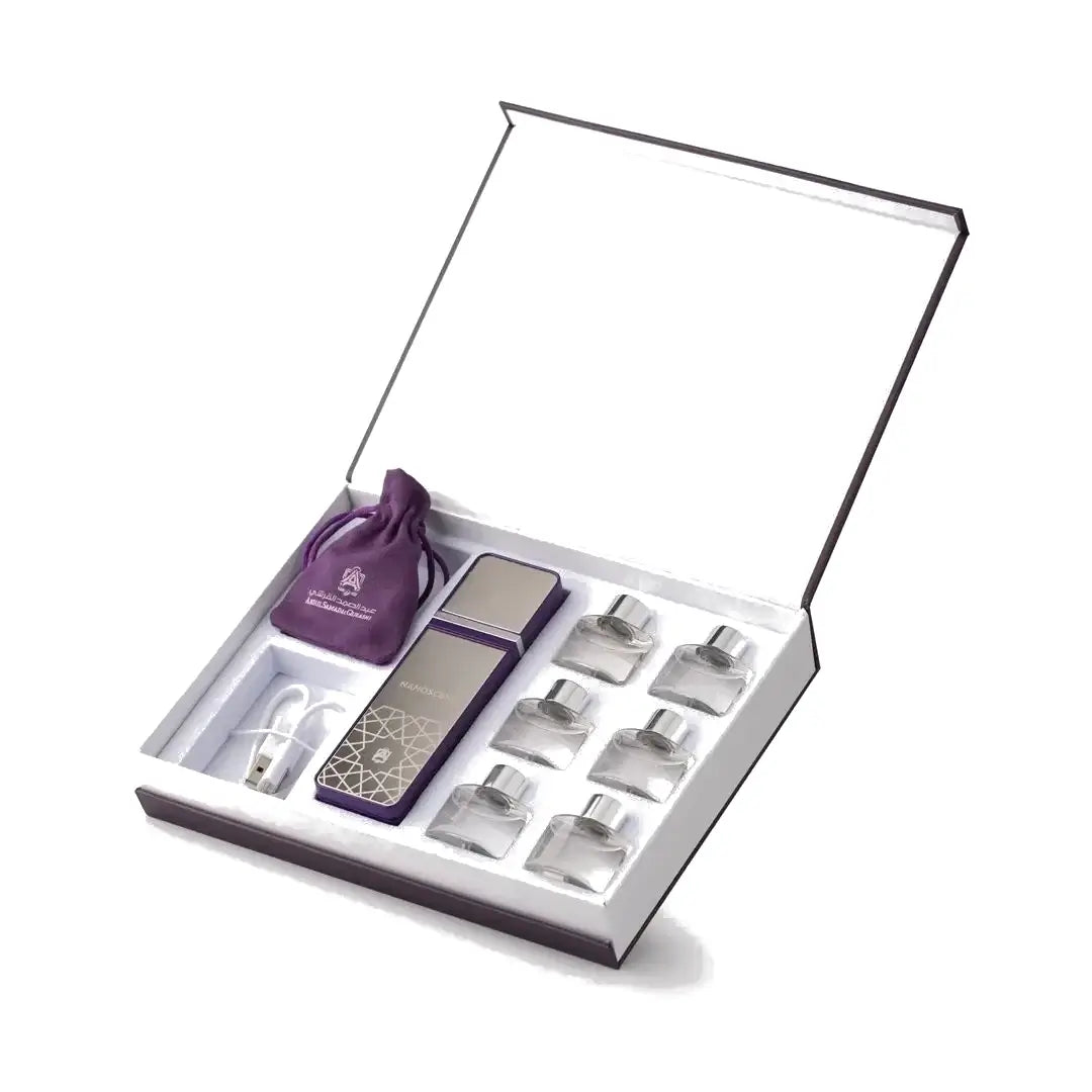 Nano Scent Personal Diffuser Purple Set with Abdul Samad Al Qurashi branding on a white branding