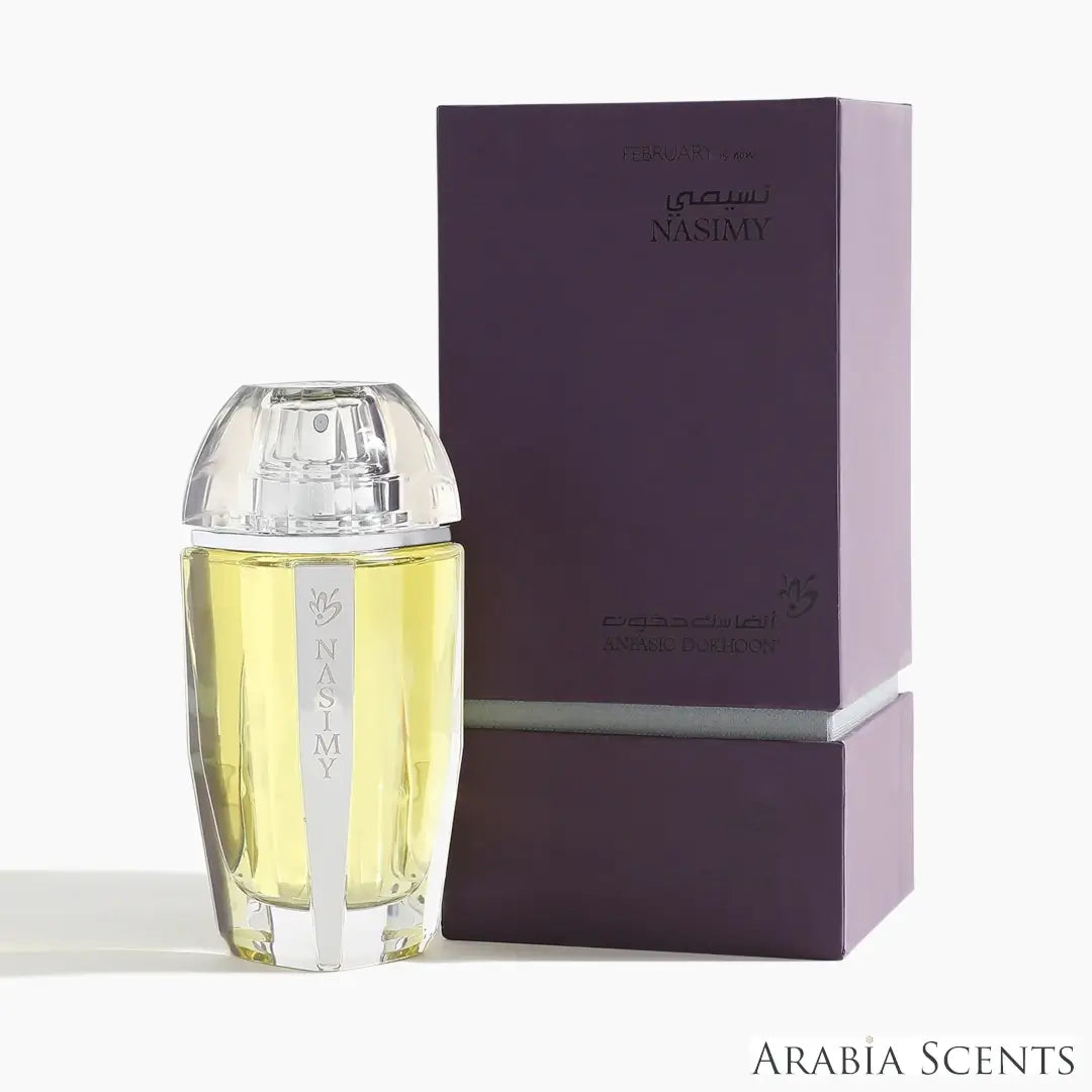 'Nasimy' perfume bottle & packaging on a white background with 'Anfasic Dokhoon' branding featured by 'Arabiascents'