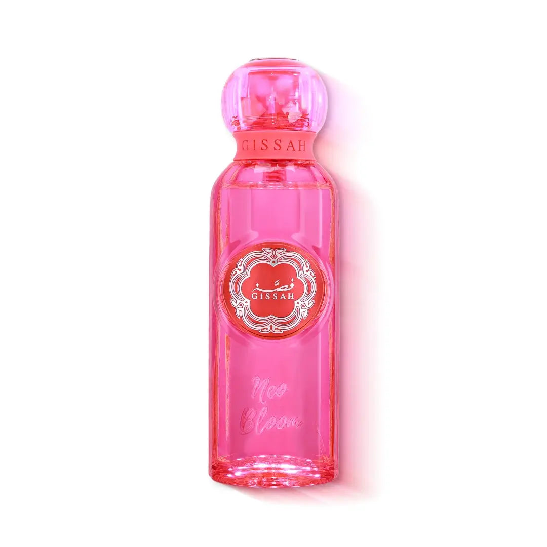 'Neo Bloom' perfume bottle in a white background with 'Gissah' branding