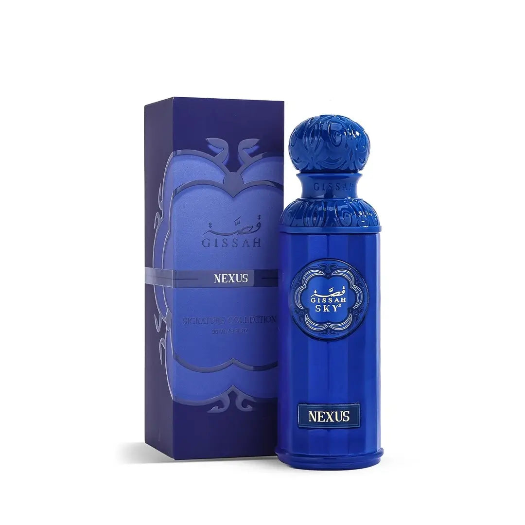 Blue perfume bottle and packaging with 'Nexus' label on a white background branded Gissah
