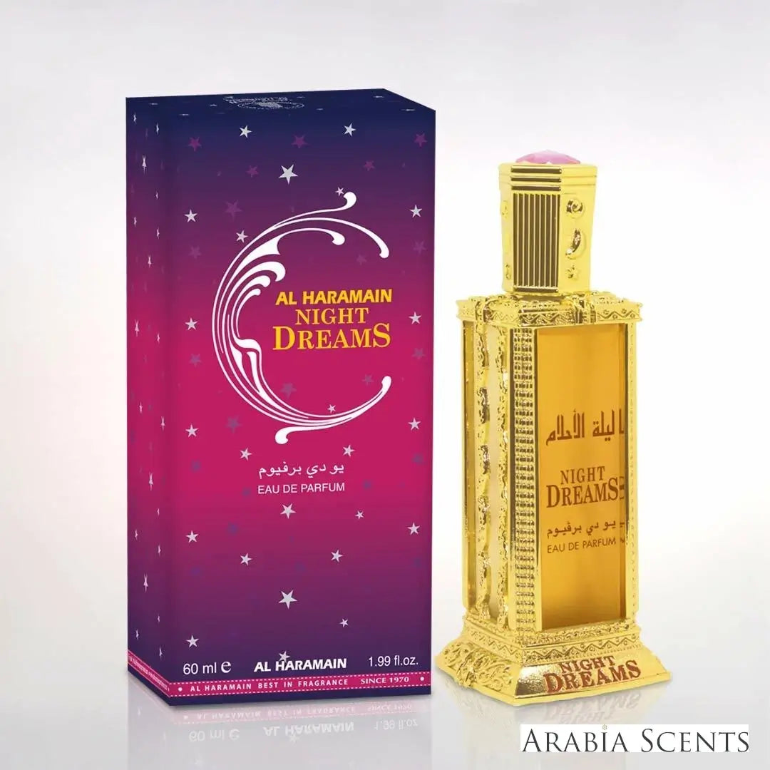 'Night Dreams' perfume bottle & packaging on a white background with 'Al Haramain' branding featured by 'Arabiascents