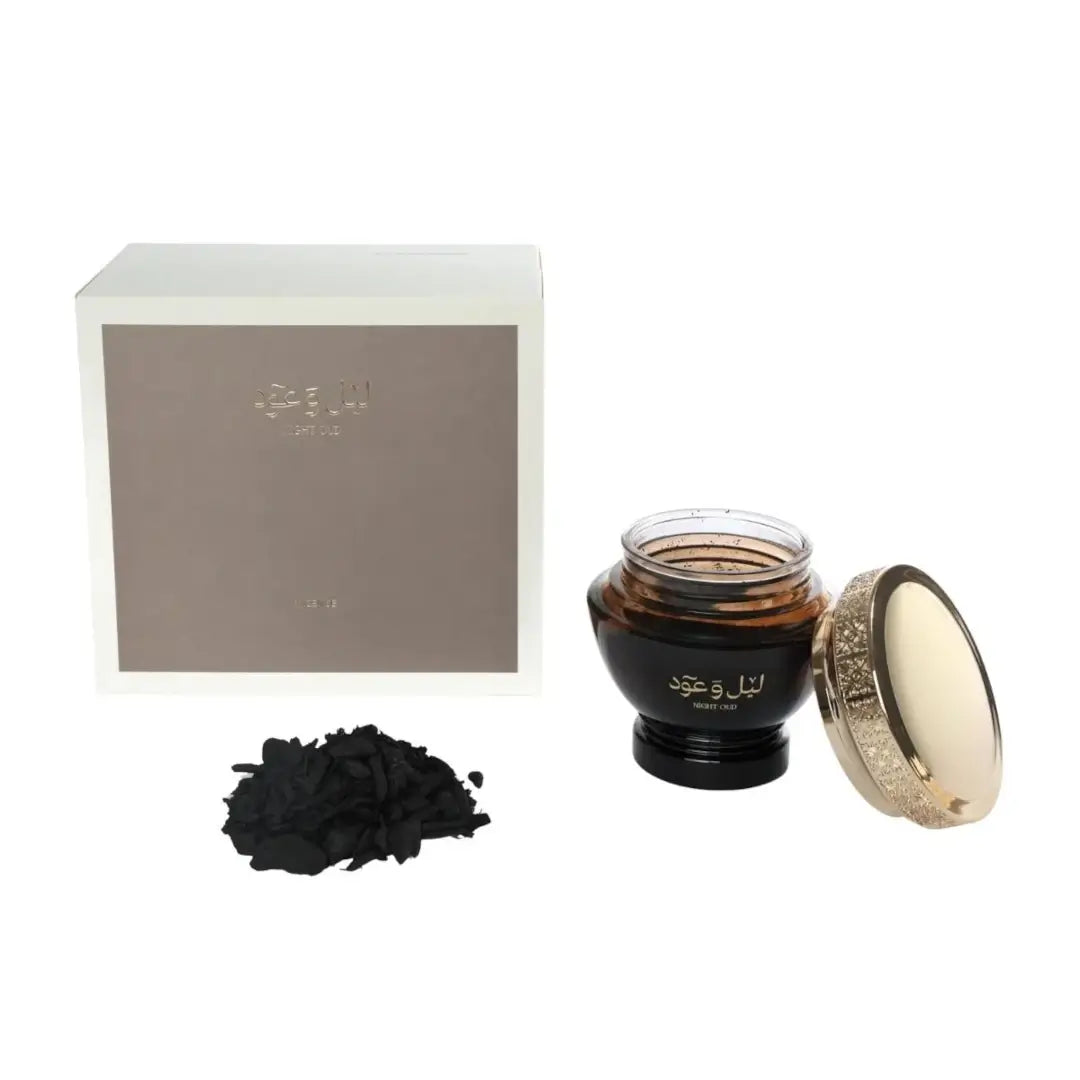 'Night & Oud' bakhour & packaging in a white background with 'Al Majed' branding